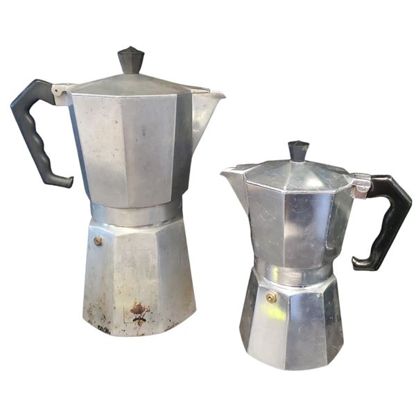 Two Italian Made Moka Pots Large 12-Inch & Small 8-Inch Espresso Makers