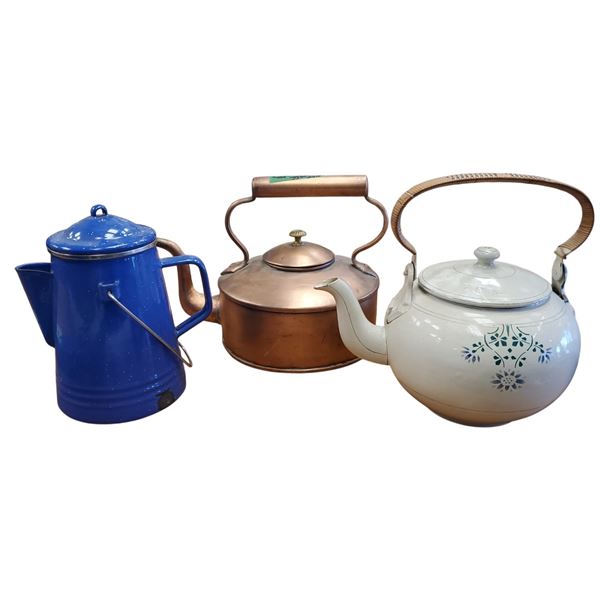 Trio Kettles: Large Copper Kettle Blue Enamel Camping Kettle & Vintage Cream Enamel Kettle