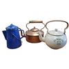 Image 1 : Trio Kettles: Large Copper Kettle Blue Enamel Camping Kettle & Vintage Cream Enamel Kettle