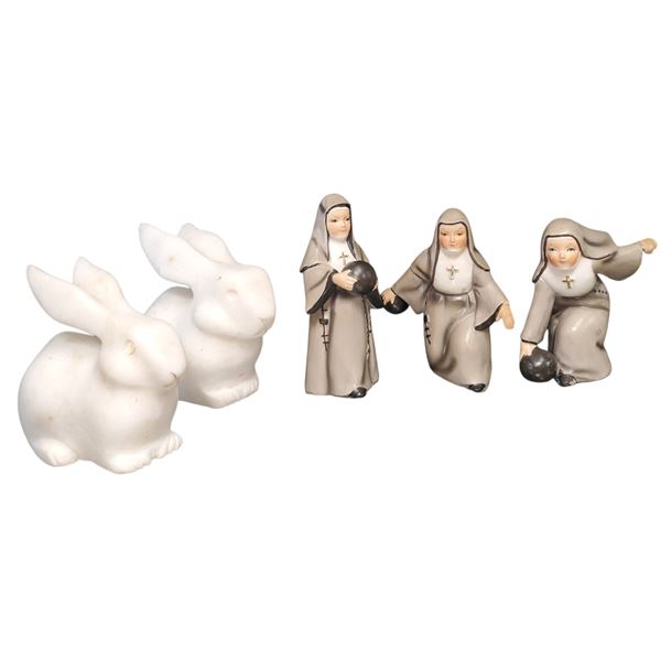 Three Ceramic Bowling Nuns 5-Inch Tall & Two Carved White Marble Rabbits Decorative Collectables