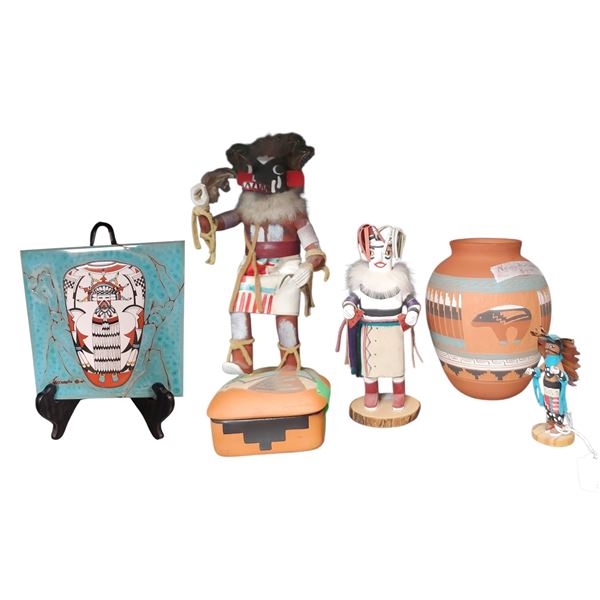 Navajo Collection: Dolls, Pottery Bowl, Pottery Lidded Box & Painted Tiles