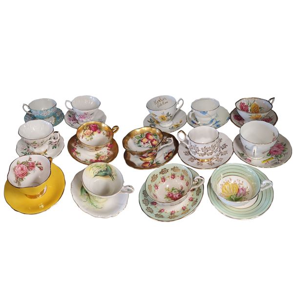 Collection of 14 Tea Cups & Saucers: Windsor, Royal Albert, Morcrest, Royal Chelsea, Kent and More