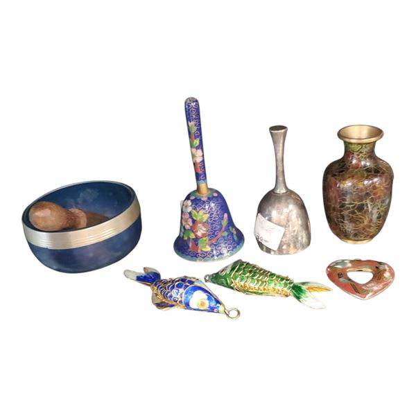 CloisonnÃ© Bell, Vase & Pendant, Silver Plated Bell & Prayer Bowl 4.5-Inch Tallest & Articulated Fis