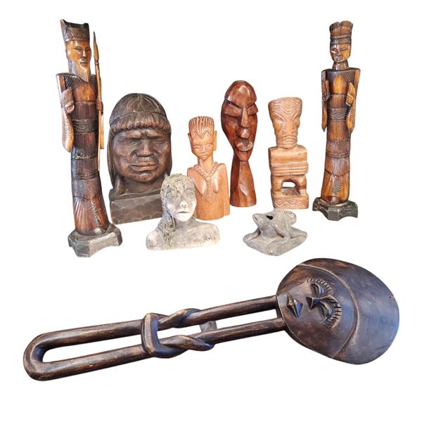 Mixed Collection of Indigenous Items Carved Wooden Items & Pottery Items