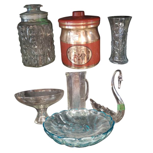 Vintage Glassware Collection: Vases, Bowls, Swan 9.5" Tall & Copper Container