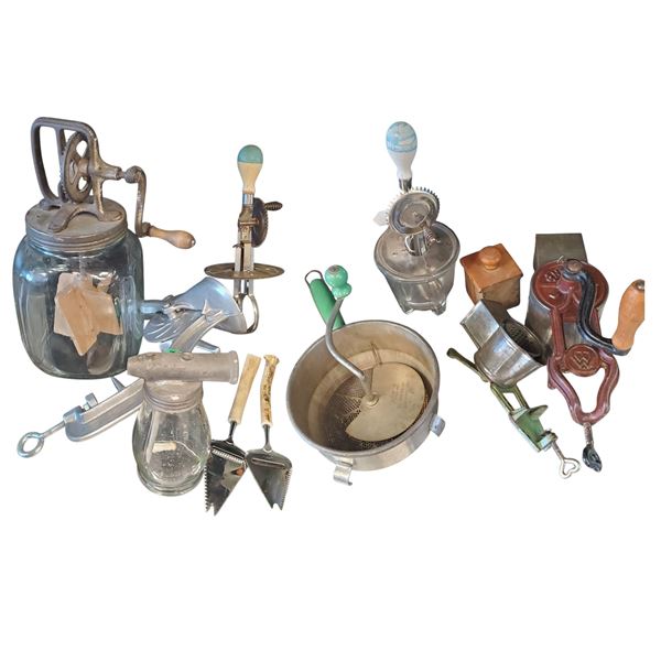 Vintage Kitchen Items: Butter Churner, Mixers, Sifters, Grinders & Slicers