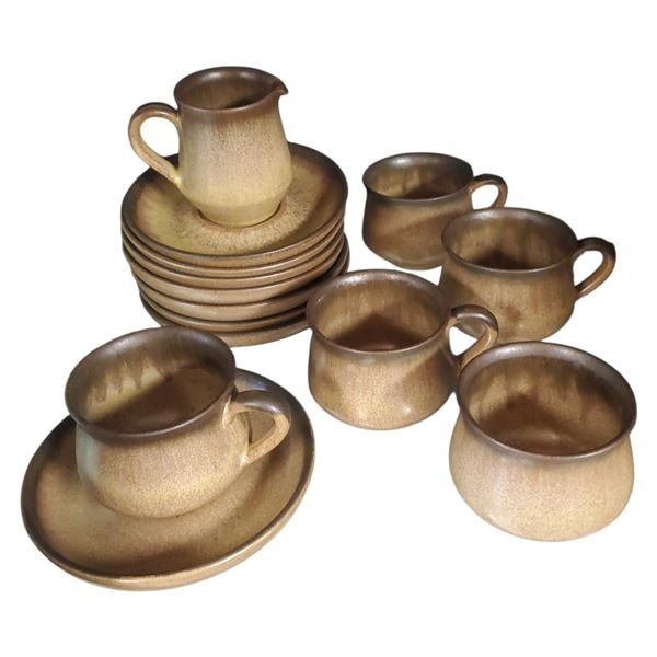 Denby Romany Brown Tea Set Suacers, Sugar Bowl, Tea Cups & Creamer