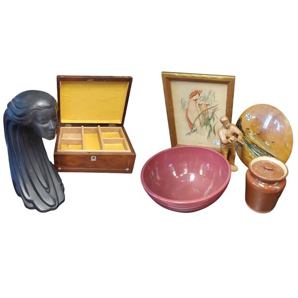 Mixed Lot Decorative Collectables: Wooden Box, Wood Hunter Sculpture, Pottery Pieces, Ceramic & More