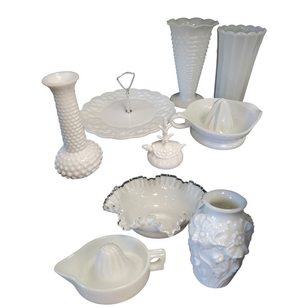 Collection of Milk Glass Items Brody, Sunkist, Anchor Hocking, Lancaster & More