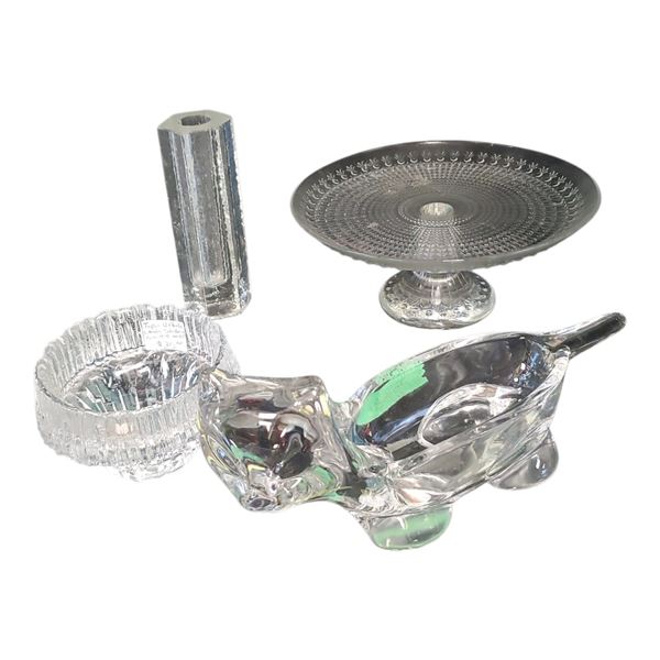 Decorative Collectible Clear Glass Pieces: Sasaki Cat, Tapio Wirkkala, Mikasa & Unsigned Vase