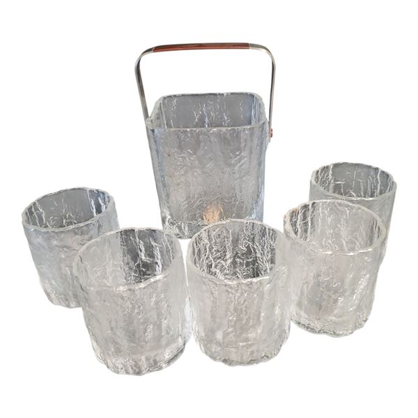 1970s Hoya Glacial Ice Bucket & 5 Glasses Frosted Glass Japan