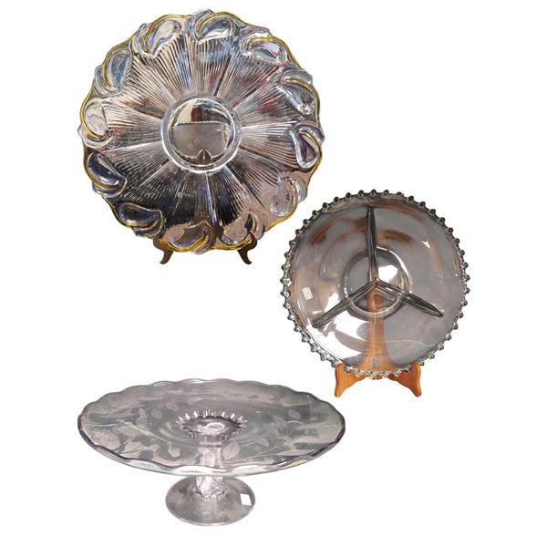 3 Glass Serving Trays: Czech Boule, Federal Style 16.5 Platter & Pedestal Purple Tint Cake Tray