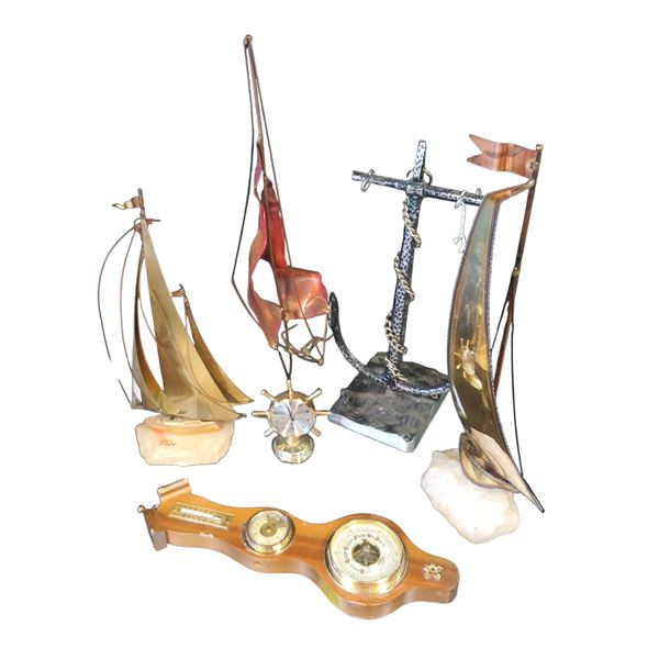 Nautical Themed Decor: Brass Sailboats, German Baromter, Ship's Wheel Clock & and Anchor