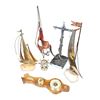 Image 1 : Nautical Themed Decor: Brass Sailboats, German Baromter, Ship's Wheel Clock & and Anchor