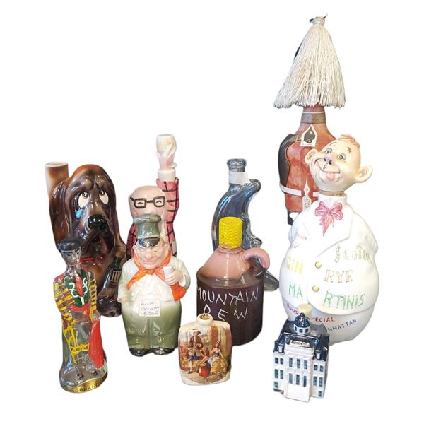 Assorted Vintage Decanters & Liquor Bottles Lot 10 Pieces Tallest 16.5-Inch