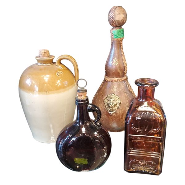 Bar Collection: Amber Glass Flagon, Jackson Whiskey, Stoneware Whisky Jug & Leather Wrapped Decanter