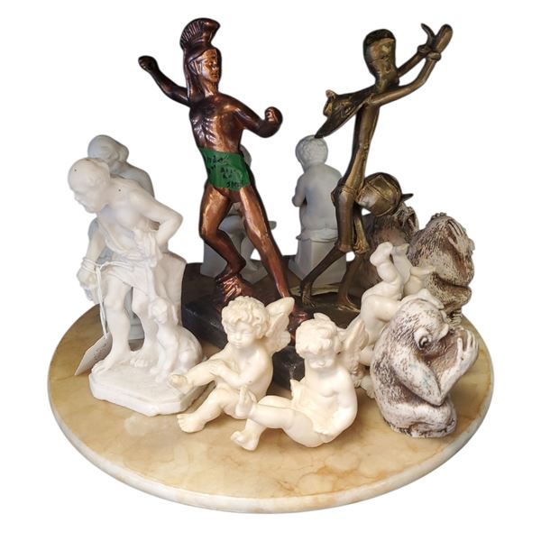 Collection of Various Small Sculpture Ceramic, Brass, Bronze, Resin & Lazy Susan Marble Tray
