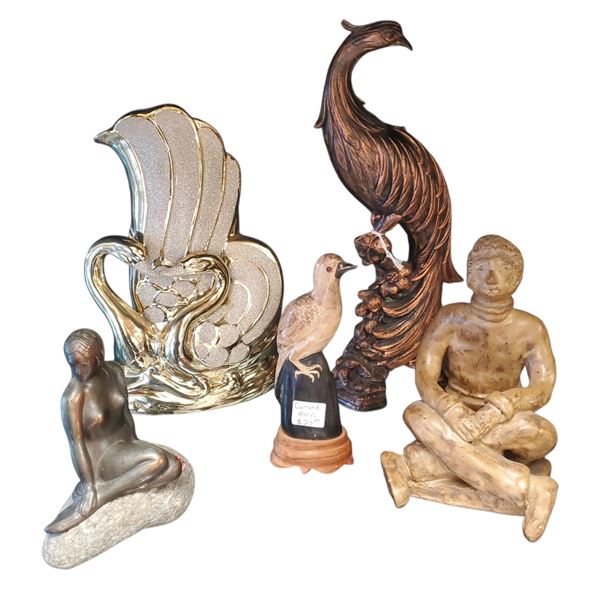 Sculpture Collection: Bronze Danish Woman, Carved Horned, Resin Peacock & Clay Man & Gold Swan Vase