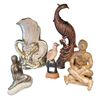 Image 1 : Sculpture Collection: Bronze Danish Woman, Carved Horned, Resin Peacock & Clay Man & Gold Swan Vase