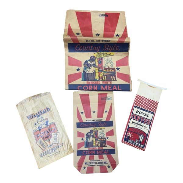 Vintage Food Packaging: Country Style Corn Meal, Royal Coffee &vita Sealed Potato Chips