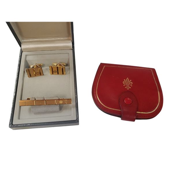 Dunhill Gold-Tone Tie Clip & Cufflinks Set in Original Box & Petruzzi Red Leathe Coin Purse