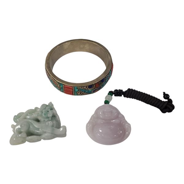 Lavender Jade Buddha, Jadeite Mini Figurine & Stone Inlaid Tibetan Bangle Bracelet