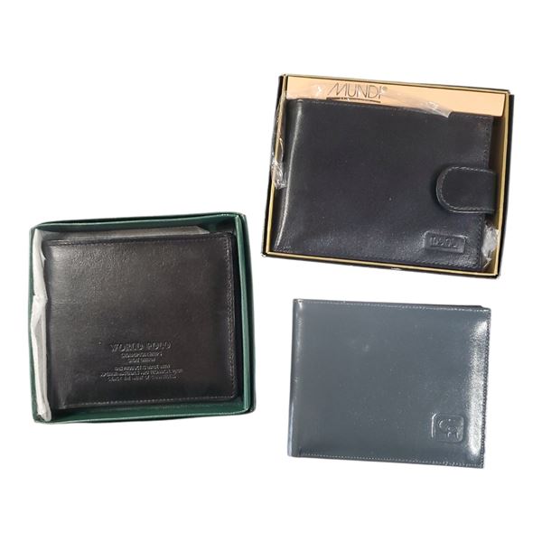 3 New Men's Leather Billfold Wallets * Black New Polo World & Mundi are in Box. Blue CA has no box.