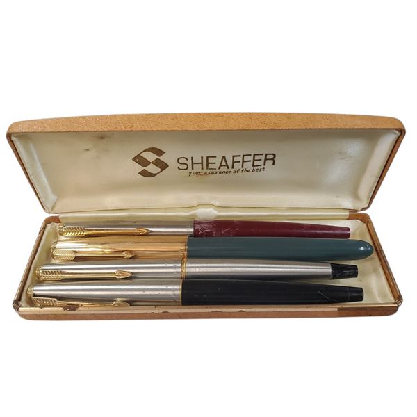 4 Vintage Parker Fountain Pens in a Sheaffer Box (one has a gold filled cap)