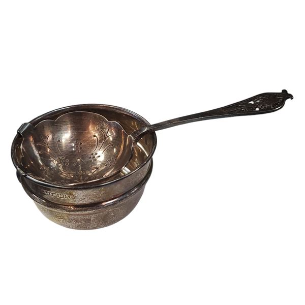 1950s Sterling Silver 6" Tea Strainer with Drip Bowl * Fully Hallmarked * Total weight: 82 grams