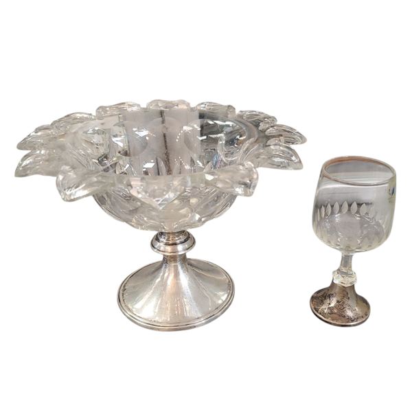 Antique Crystal Compote Dish with Weighted Silver Base & Sherry Glass with Silver Plated Base *Cover
