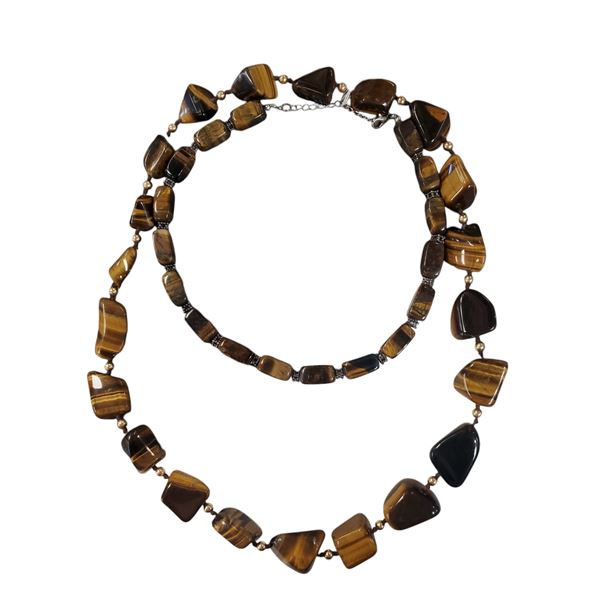 2 Vintage Polished Tiger's Eye Necklaces * 28" with 19 mm angular beads and 16" with 9.5 x 19 mm bea