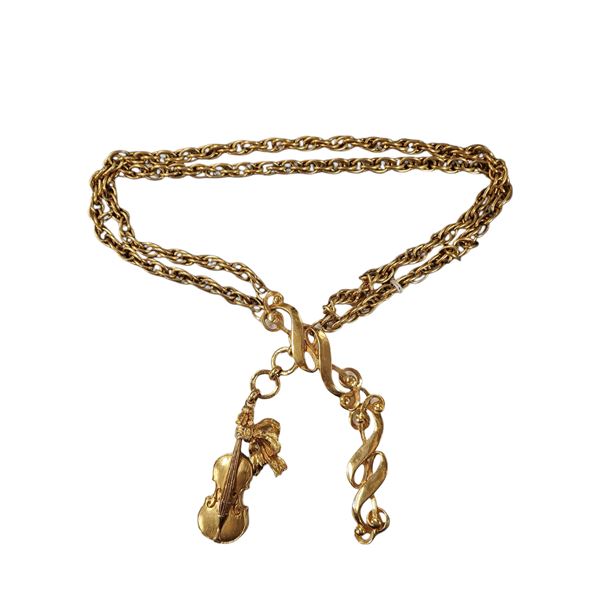 1970s Christian Dior Gold-Tone Sautoir Necklace * Large Links with a Violin Charm * Can be worn as a