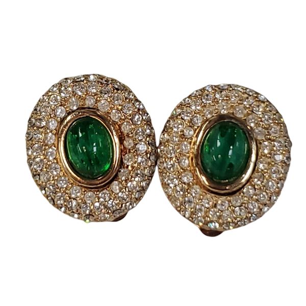 Vintage Christian Dior Germany Clip-on Clear & Emerald Crystal Earrings * Hallmarked on the clips