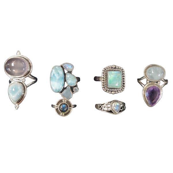 6 New Polished & Faceted Gemstone & Crystal Rings (all stamped .925) * Amethyst, Ocean Agate, Triple