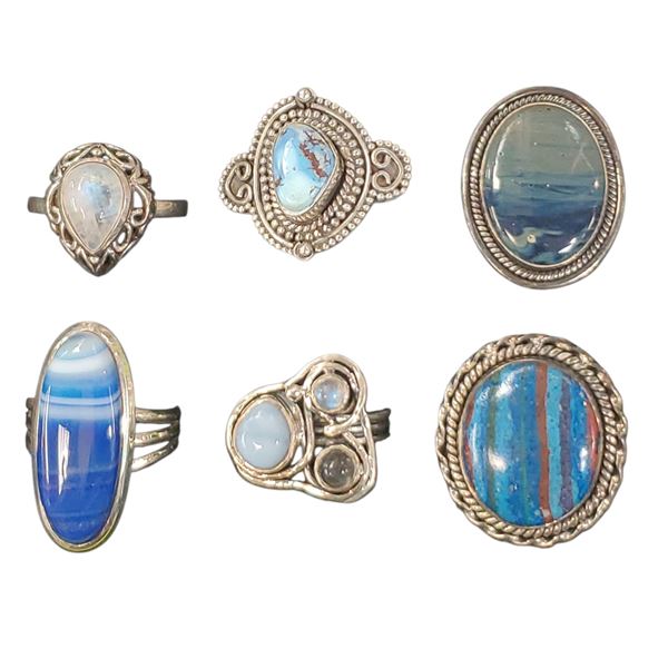 6 New Polished Agate & Gemstone Rings (all stamped .925) * Rainbow Casilica, Blue Banded Agate, Turq