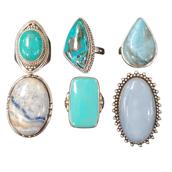 6 New Polished Agate & Gemstone Rings (all stamped .925) *Ocean Agate, Blue Scheelite, Turquoise, Ro