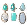 Image 1 : 6 New Polished Agate & Gemstone Rings (all stamped .925) *Ocean Agate, Blue Scheelite, Turquoise, Ro