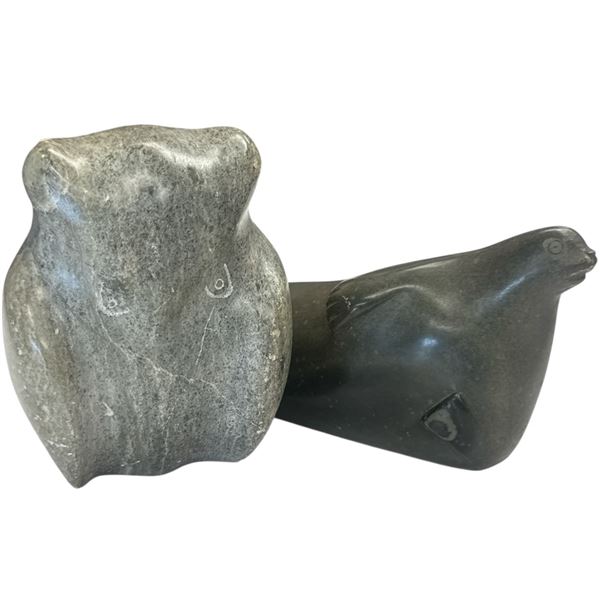 Soapstone Owl Signed Skee 4-Inch Tall & Carved Stone Seal Signed J R D