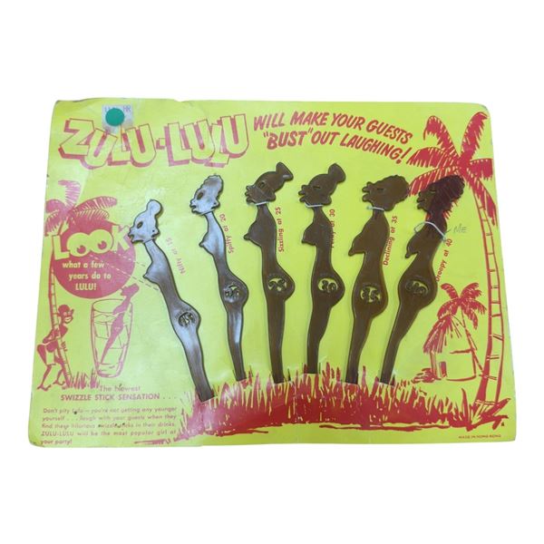 Zulu Lulu Swizzle Sticks Plastic Barware Set of 6 Mid-Century Sealed