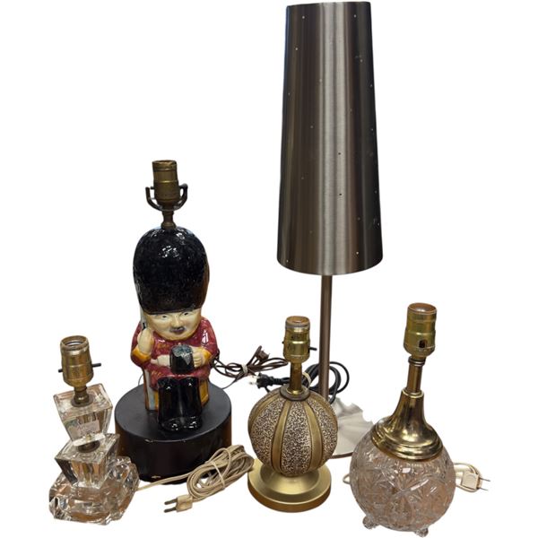 Collection of 5 Vintage Lamps: Ceramic British Guard, Crystal, Chalkware, Resin & Steel 24-Inch