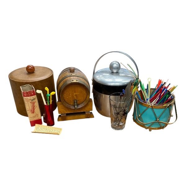 Assorted Barware: Swizzle Sticks Ice Buckets & Cask
