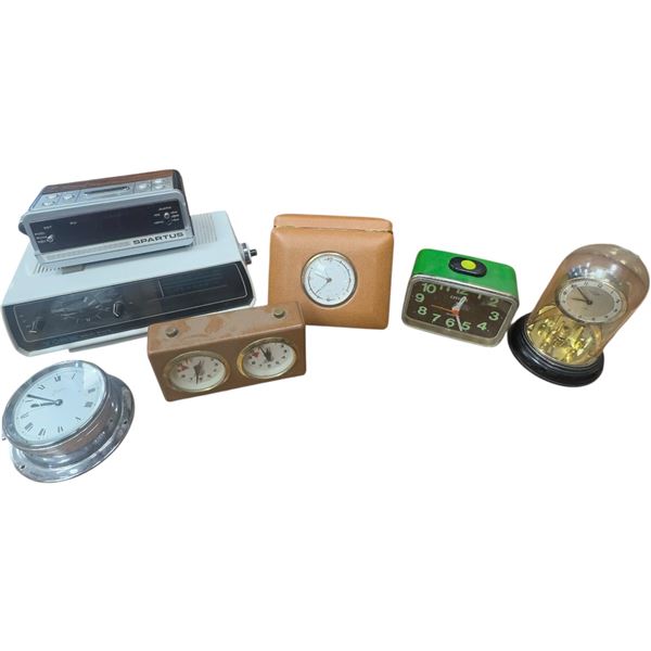 Collection of Vintage Clocks and Alrm Clock Radios York, Apfy Rolland, Citizen, Spartus, Elg-Art ...
