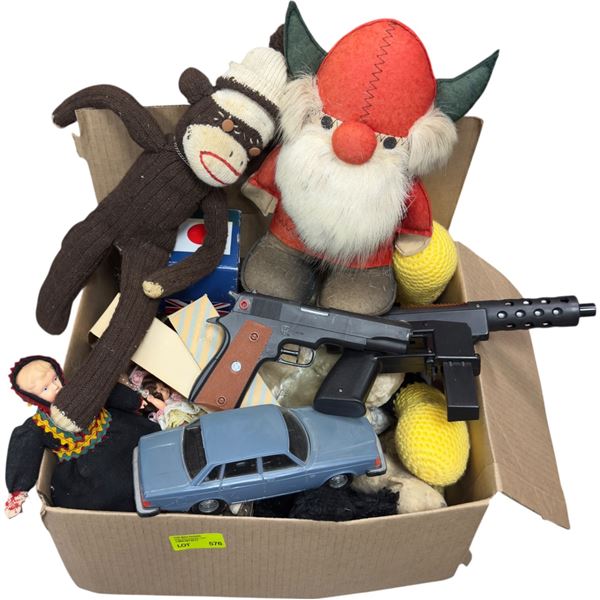 Box Assorted Toys: Stuffies, Cars, Roller Skates, Guns and More