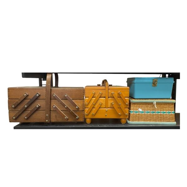 4 Vintage Sewing Baskets Woven Designs Assorted Sizes & Patterns