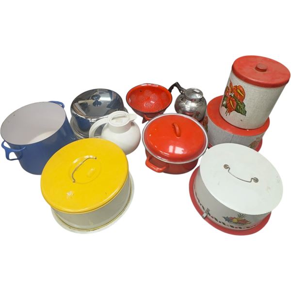 Kitchenware Lot: Enamel Pots, Coffee Pots, Cake Tins & More