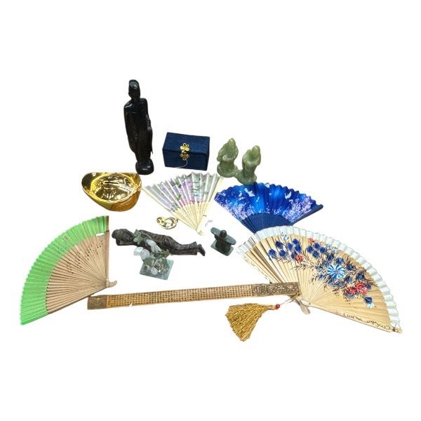 Asian Collectables: Jade, Fans, Coin Bank, Ironwood & Brass