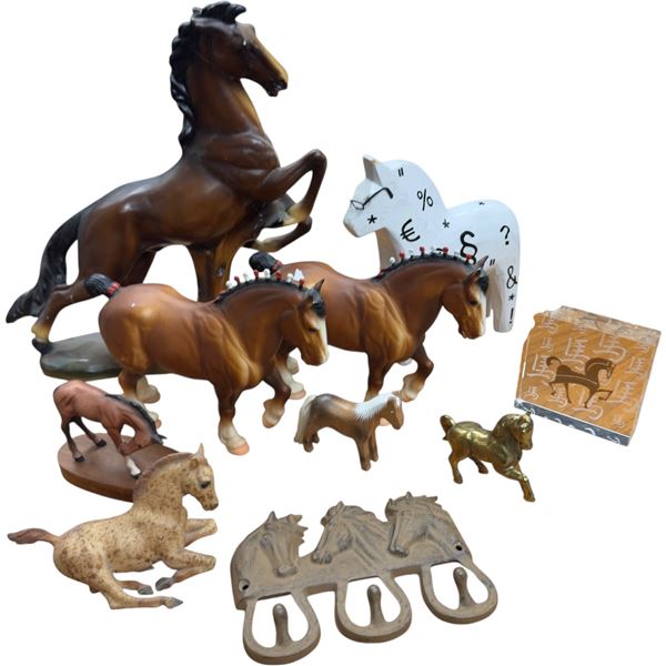 Assorted Collection of Horses Swedish Wood Chalkware Porcelain Cast Brass & More Tallest 15-Inch
