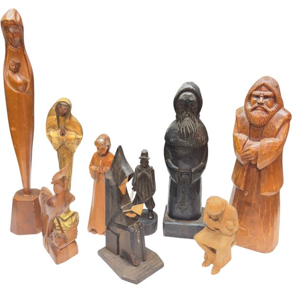 Collection of Wood Carved Folk Art Figurines 9 Pieces Tallest 16.5-Inch