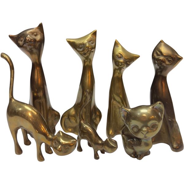 Collection of 7 Brass Cats Tallest is 7" Tall