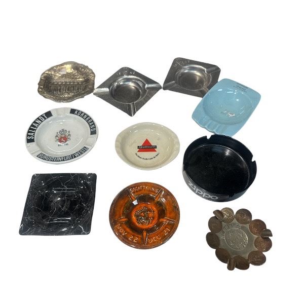Collection of 8 Ashtrays: Porcelain, Resin, Amber Glass, Coins, Pewter & More